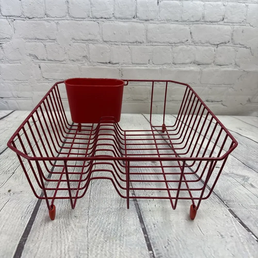 Vtg RED Rubbermaid Coated Wire Sink Dish Drainer Rack Rubber Bottom 14.25x12.75